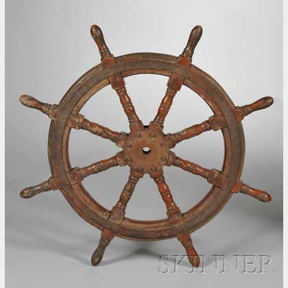 Red-painted Iron-mounted Wooden Ship's Wheel