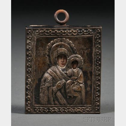 Greek Miniature Icon of the Madonna and Child with Silver Riza