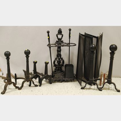 Ten Pieces of Mostly Iron Fireplace Equipment