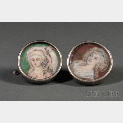 Pair of Continental Silver Cuff Links Mounted with Portrait Miniatures on Ivory