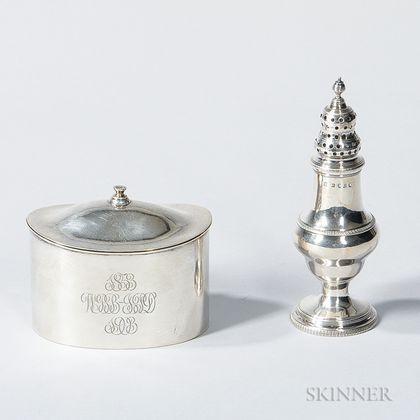 English Sterling Silver Shaker and Monogrammed Sterling Silver Tea Caddy. Estimate $100-200