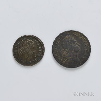 1723 Hibernia Half Penny and Farthing. Estimate $100-150