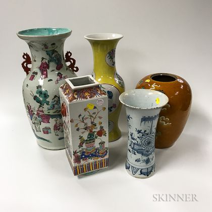 Four Chinese Porcelain Vases and a Delft Blue and White Vase