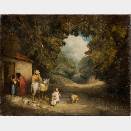 School of George Morland (British, 1763-1804) Genre Scene with Figures and Animals by a Small Cottage.