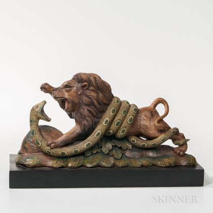 Carved and Painted "Mortal Combat" Lion and Snake Sculpture