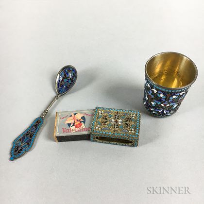 Russian Cloisonne Vodka Cup, Demitasse Spoon, and Matchbook Cover