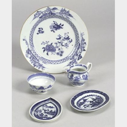 Five Blue and White Chinese Export Porcelain Items