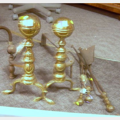 Pair of Brass Belted Ball-top Andirons, a Brass Hearth Shovel, and Two Pairs of Tongs. 
