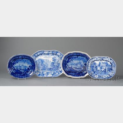 Four Oval Blue Transfer-decorated Staffordshire Pottery Platters