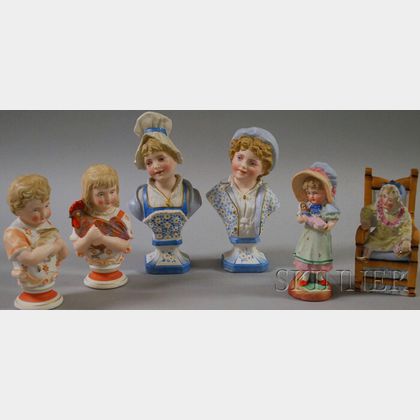 Two Continental Painted Bisque Figural Groups and Two Pairs of Busts of Children