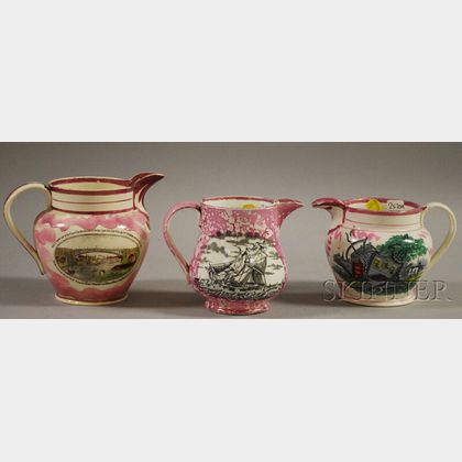 Three Small Sunderland Pink Lustre Transfer-decorated Pottery Jugs
