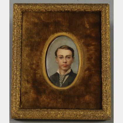 Framed Late 19th Century Miniature Hand-painted Portrait on Porcelain of a Young Man