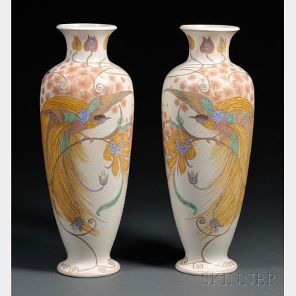 Pair of Zuid Holland Gouda Pottery Mat Vogels Mantel Vases