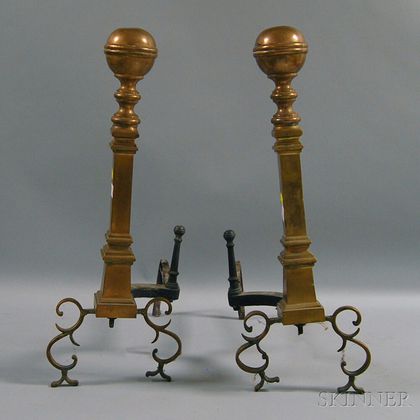 Pair of Brass Belted Ball-top Andirons