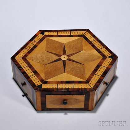 Inlaid Hexagonal Game Board Box, England, 19th century, the top centering a six-pointed star and mahogany crossbanded borders, on simil