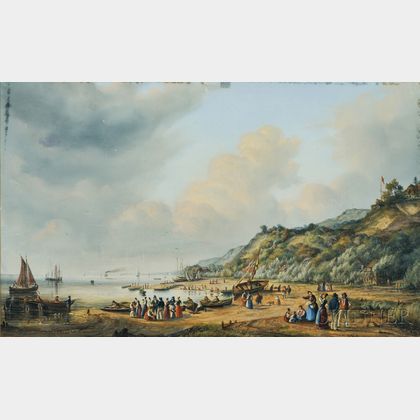Johann Heinrich Sander (German, 1810-1865) Coastal View with Vessels, Figures, and Cottages