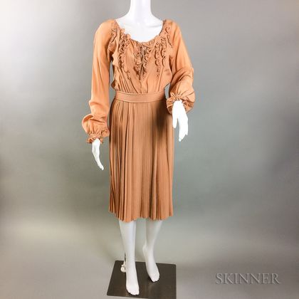 Two Vintage Bill Blass Burnt Orange Pleated Dresses