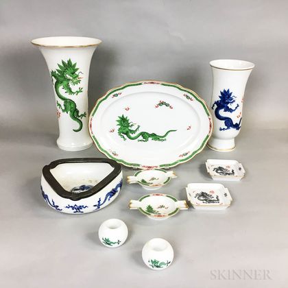 Ten Pieces of Meissen Green and Blue Dragon Porcelain Tableware
