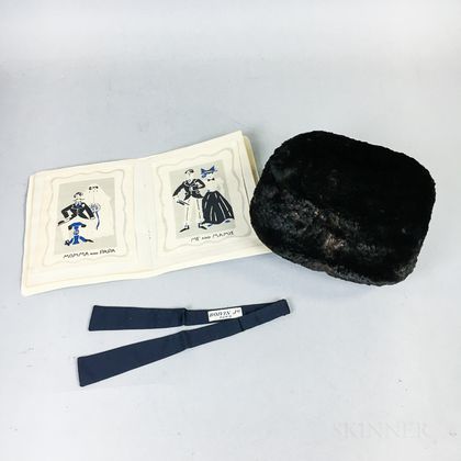 Black Fur Muff, French Black Silk Bowtie, and a Hand-painted Photo Album on Linen. Estimate $100-150