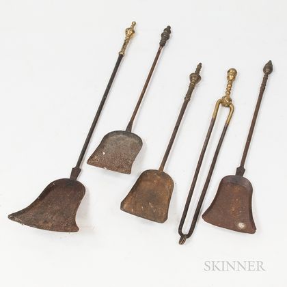 Five Brass and Iron Fireplace Tools