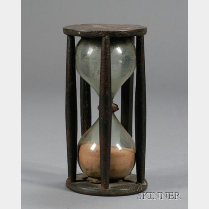 Early Turned Wood and Blown Glass Hourglass