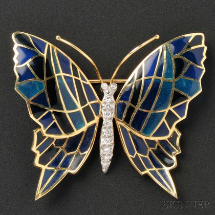 18kt Gold, Plique-a-Jour Enamel, and Diamond Butterfly Brooch, Cartier, Inc.