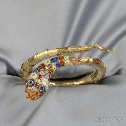 14kt Gold, Gem-set, and Enamel Snake Bracelet