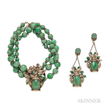 14kt Gold and Jade Necklace and Earclips