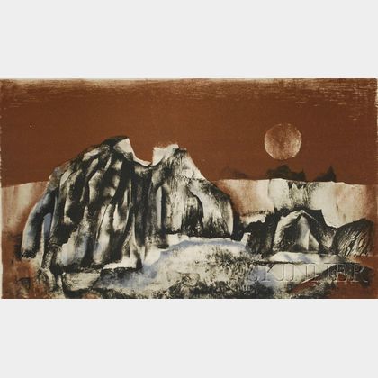 Continental School, 20th Century Abstract Mountain Landscape with Full Moon.