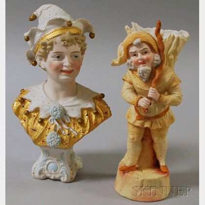 Continental Painted and Jeweled Bisque Bust of a Jester and a Painted Bisque Gnome with Basket Figural Spill Vase