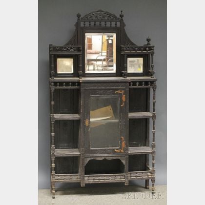 Victorian Eastlake-type Ebonized Carved Wood and Mirrored Etagere