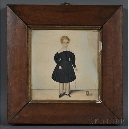 American School, 19th Century Small Portrait of a Boy with a Whip and Spinning Top.
