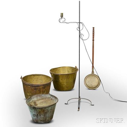Three Brass Buckets, a Bedwarmer, and a Floor Lamp. Estimate $200-300