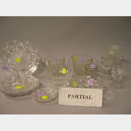 Sandwich Colorless Lacy Glass Cup Plate and Three Small Plates with Fifteen Pieces of Colorless Pressed Glass Tableware. 