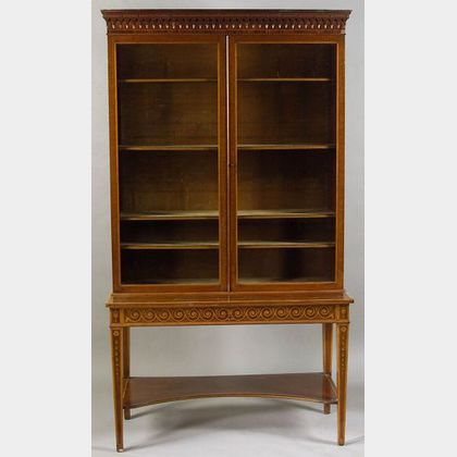 George III Style Inlaid Plum Pudding Mahogany Bookcase Cabinet on Stand