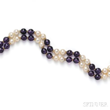 Amethyst Bead and Cultured Pearl Necklace