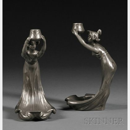 Pair of Art Nouveau Figural Pewter Candlesticks