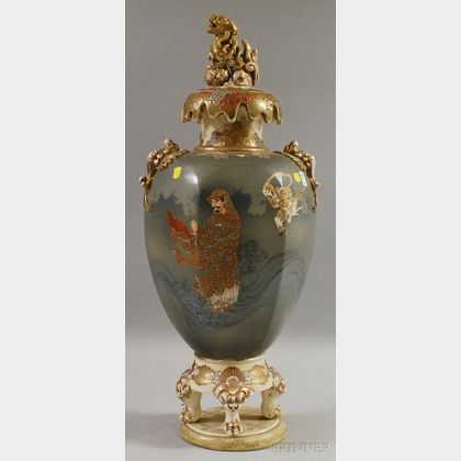Large Japanese Satsuma Ceramic Footed Vase with Cover