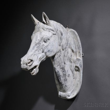 J.W. Fiske Labeled White-painted Cast Zinc Horse-head Trade Sign