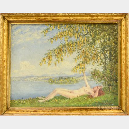 Robert Büchtger (Russian, 1862-1951) Reclining Nude by a Lake Shore.