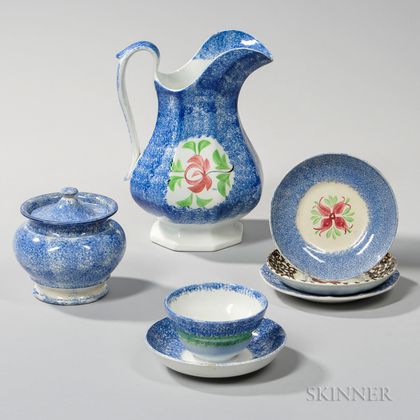 Seven Mostly Blue Spatterware Table Items