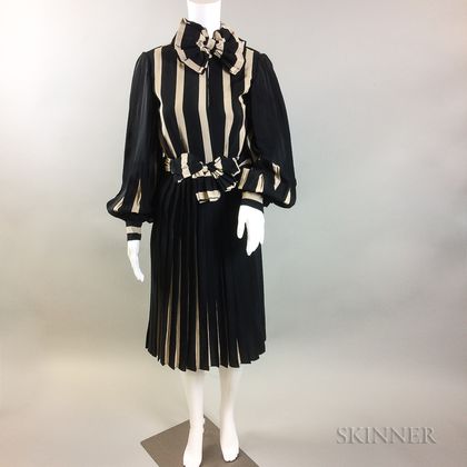 Bill Blass Black and Tan Striped Silk Dress