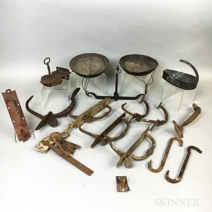 Small Group of Iron and Tin Fireplace Accessories, Lighting, and Hardware. Estimate $200-300