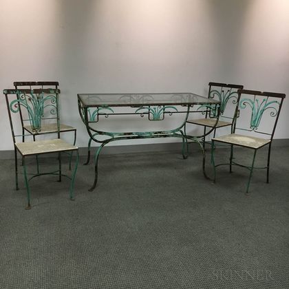 Art Deco Green-painted Glass-top Wrought Iron Outdoor Table and Four Chairs