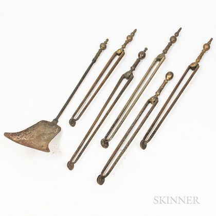Six Brass and Iron Fireplace Tools