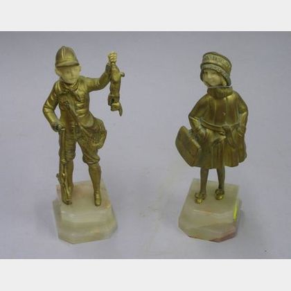 Gilt Bronze and Carved Ivory Figure of a Young Girl and a Gilt Bronze and Carved Ivory Figure of a Young Boy Hunter