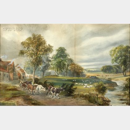 Anglo/American School, 19th Century Landscape with Shepherds and Livestock