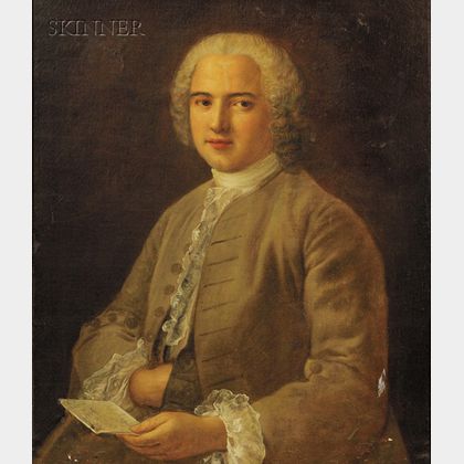 French School, 18th Century Style Portrait of a Gentleman in a Gold Coat Holding a Letter