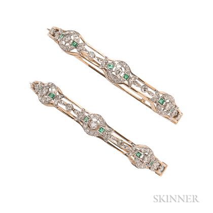 Pair of 14kt Gold, Emerald, and Diamond Bracelets