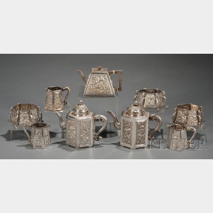 Nine Chinese Export Silver Tea Wares